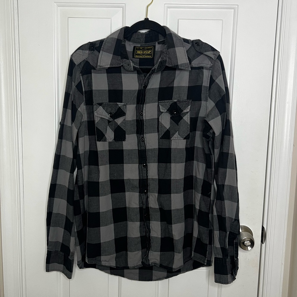 Red Snap Button Down long sleeve  Shirt Gray and Black Medium
